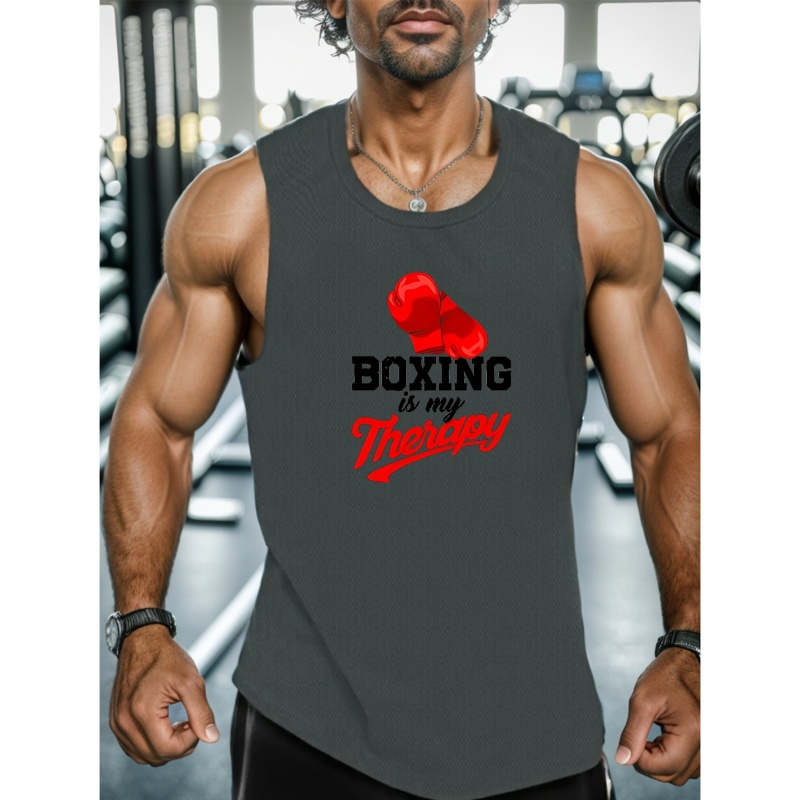 

Boxing Is My Therapy Print Men's Quick Dry Moisture-wicking Breathable Tank Tops Athletic Gym Bodybuilding Sports Sleeveless Shirts For Workout Running Training Men's Clothes