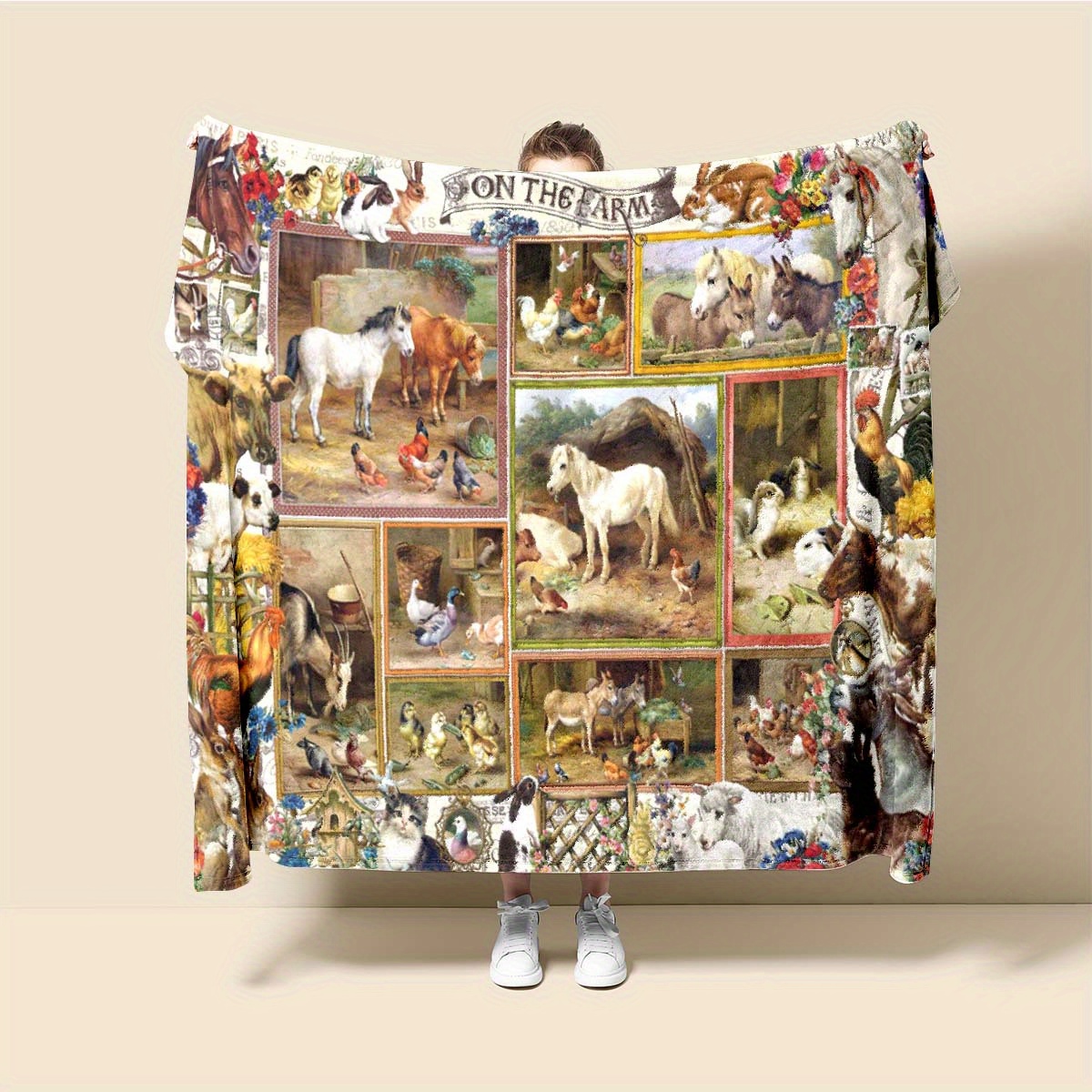 

Creative Artistic Patterns Of Cute Cartoon Farm Animals Horse On 4 Seasons Office Chair Flannel Blanket