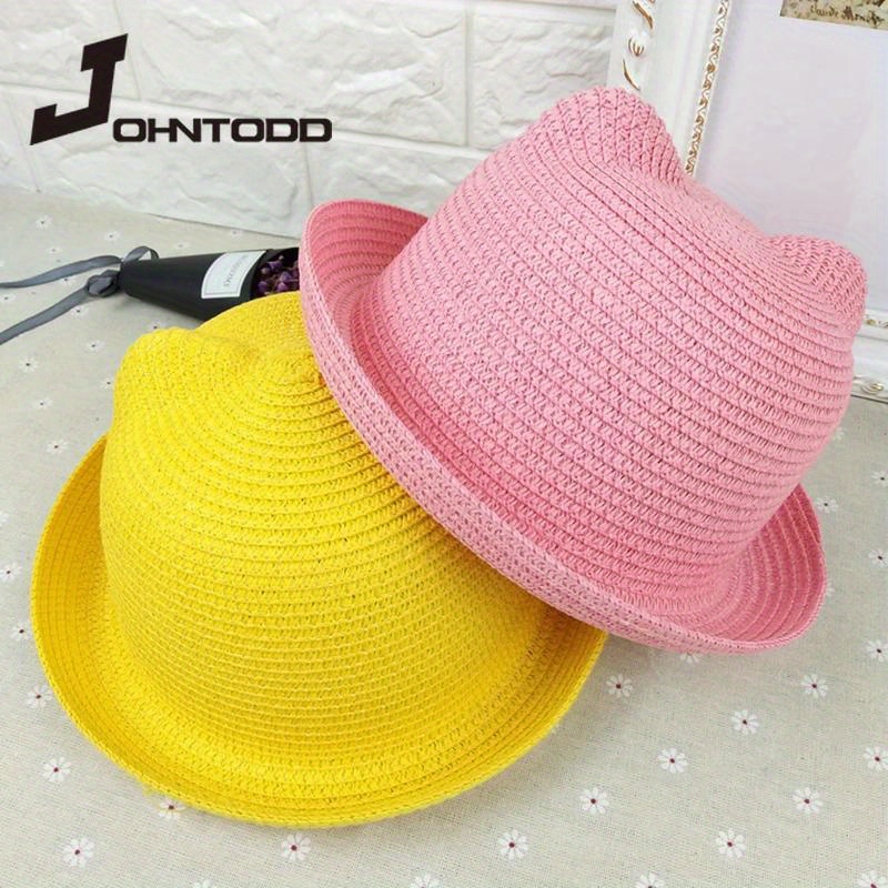 

Children's Cat Ear Design Adjustable Straw Hat, Unisex Summer Beach Hat, Suitable For Outing Travel, For Boys Girls, 7-color Options Available