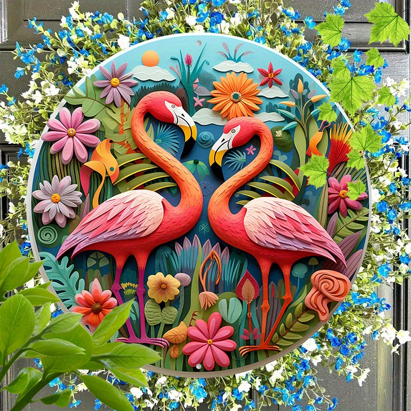 

1pc 8x8inch(20x20cm) Round Aluminum Sign Metal Sign Hello Spring Flamingo Restaurants Office Cafes Club Store Sign Gift