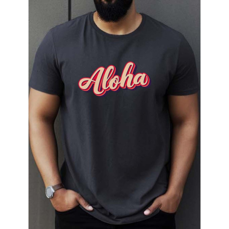 

Aloha Alphabet Print Crew Neck Short Sleeve T-shirt For Men, Breathable Comfy Summer Tops For Daily Wear Work Out And Vacation Resorts