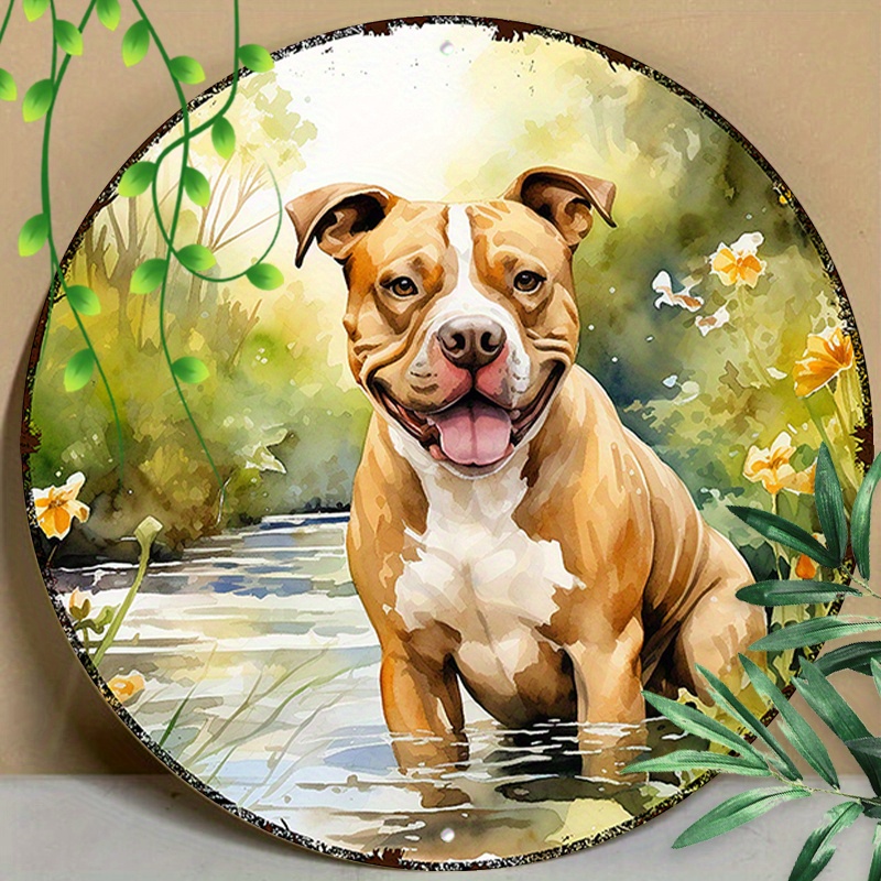 

1pc 8x8inch(20x20cm) Round Aluminum Sign Metal Sign Funny Signs American Staffordshire Terrier Summer Outdoor For Wall Decor, Restaurant Decor