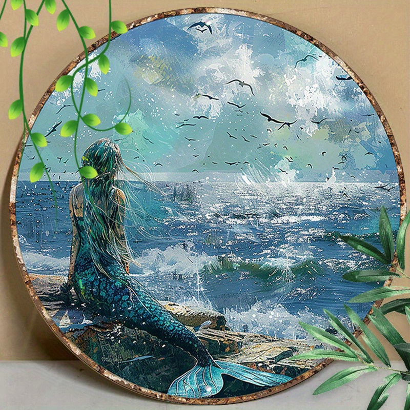 

1pc 8x8inch (20x20cm) Round Aluminum Sign Metal Sign Mermaid And Into The Ocean Rustic Wall Decor Wall Decoration Bathroom