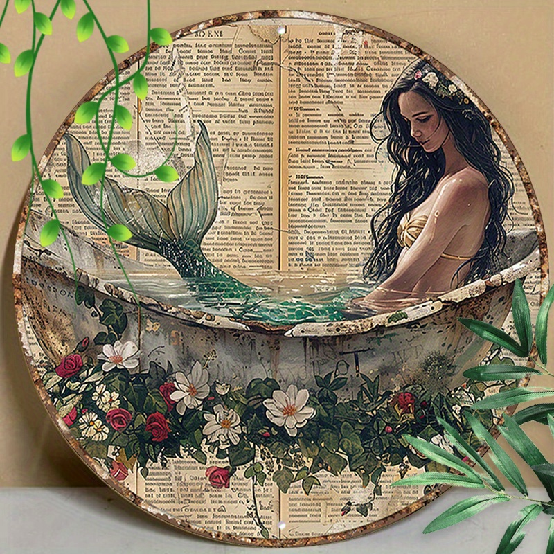 

1pc 8x8inch(20x20cm) Round Aluminum Sign Metal Sign Mermaid And Into The Ocean Vintage Tin Sign Wall Decoration Bathroom