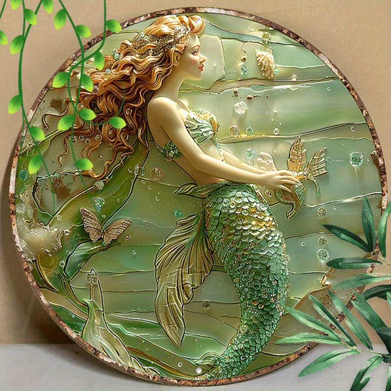 

1pc 8x8inch(20x20cm) Round Aluminum Sign Metal Sign Mermaid And Into The Ocean Wall Decoration Sign For Home Decor