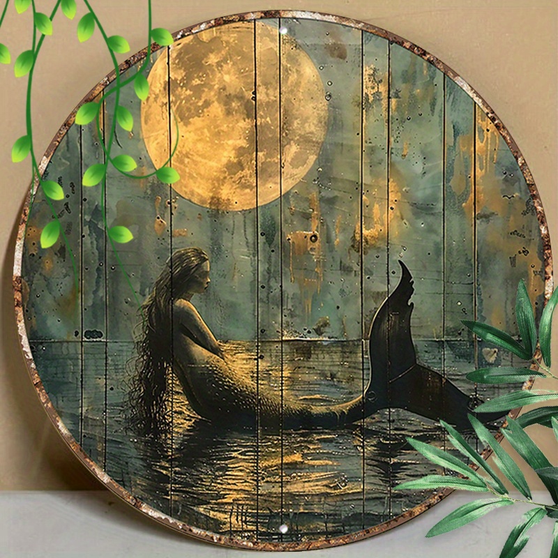 

1pc 8x8inch(20x20cm) Round Aluminum Sign Metal Sign Mermaid Bathroom Tin Sign Metal Sign Bedroom Living Room