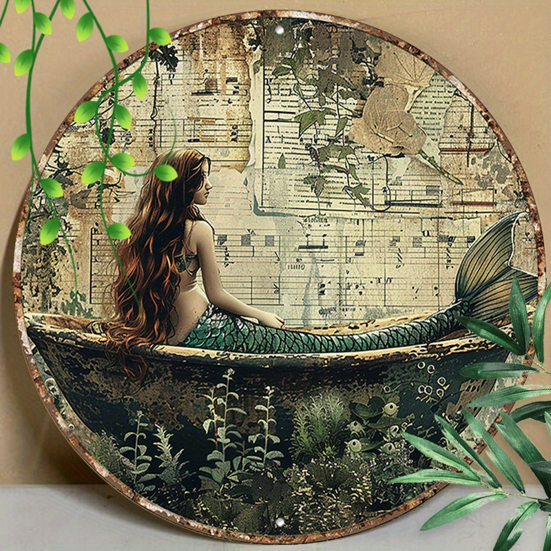 

1pc 8x8inch(20x20cm) Round Aluminum Sign Metal Sign Mermaid Bathroom Tin Sign Vintage Wall Decor Bedroom Living Room Classroom