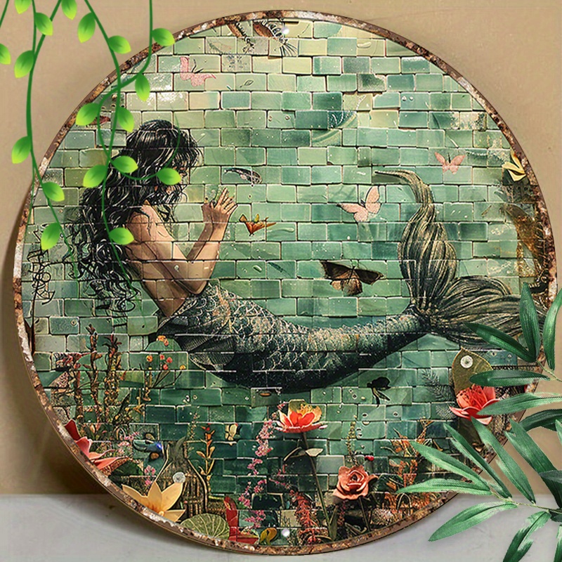 

1pc 8x8inch(20x20cm) Round Aluminum Sign Metal Sign Mermaid Swimming Stay Wild Moon Decor Sign Family Restaurant