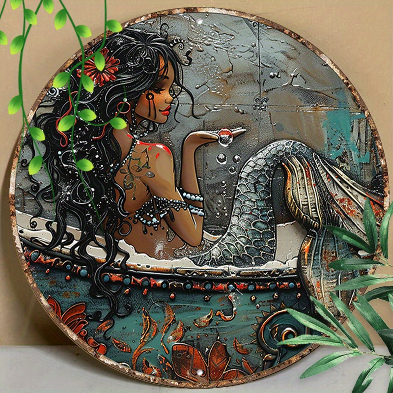 

1pc 8x8inch (20x20cm) Round Aluminum Sign Metal Sign Mermaid Swimming Stay Wild Moon Home Decoration Cave Shed Office