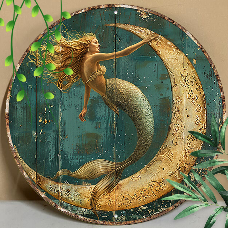 

1pc 8x8inch (20x20cm) Round Aluminum Sign Metal Sign Mermaid Swimming Stay Wild Moon Retro Decor Man Cave Shed Office