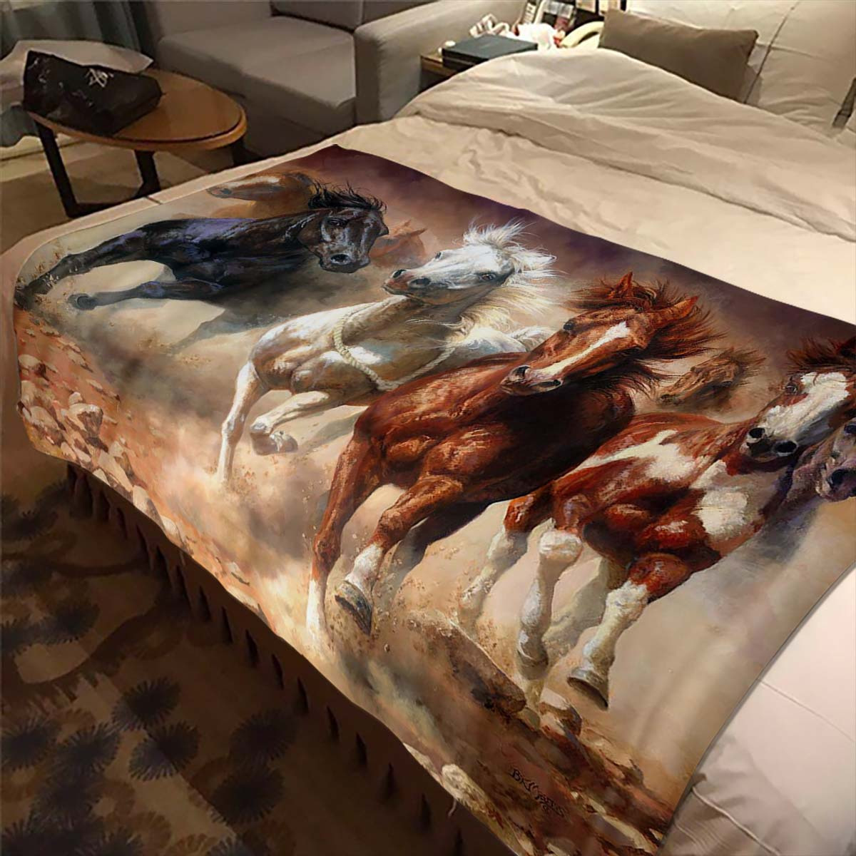 

1pc Horse Oil Painting Pattern Office Chair Flannel Blanket For 4 Seasons