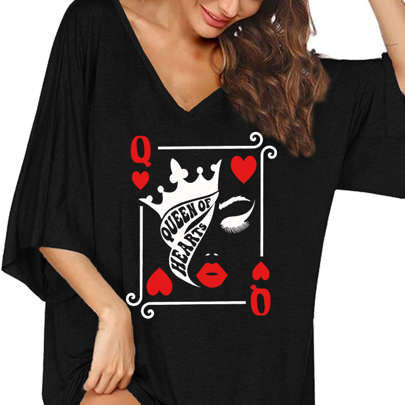 

Women's Casual Lounge Dress, Plus Size Poker Print Short Sleeve V Neck Loose Fit Nightdress