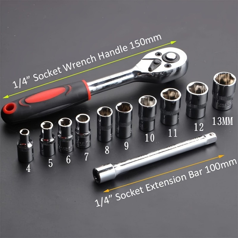 

12pcs 1/4 Inch Ratchet Socket Wrench Set, Drive Socket Set With 10 Sockets 4-13mm And 2-way Quick Release Ratchet Handle And Extension Bar