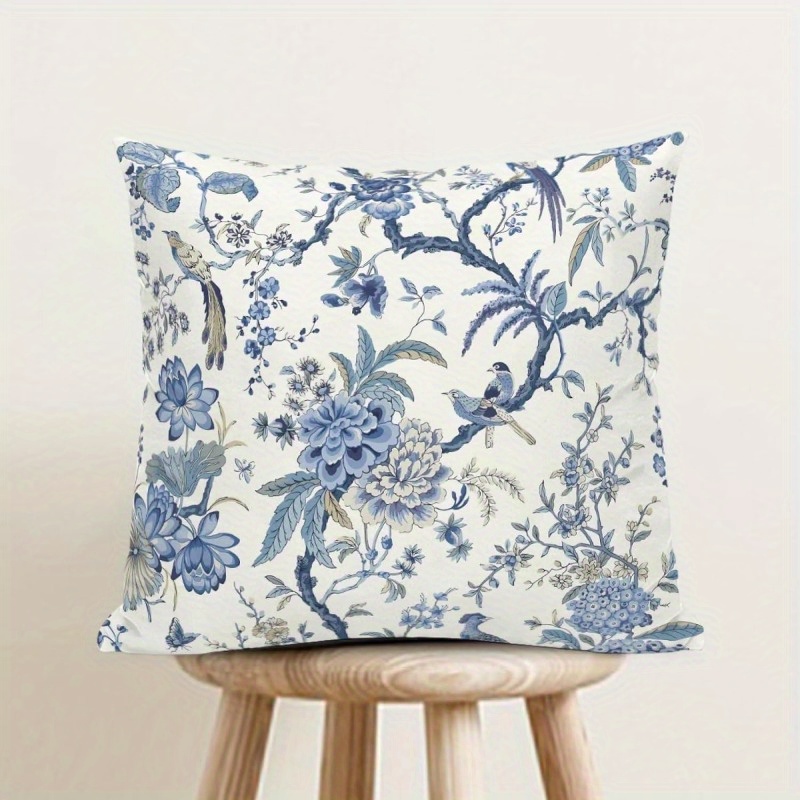 

1pc, 18*18 Inch Linen Chinese Style Throw Pillow Case Blue And White Home Decoration Floral Pillowcase Cushion Cover For Bed Sofa Sofa, 1 Piece
