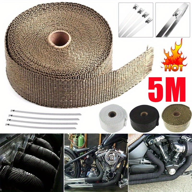 

High-temperature Resistant Fiberglass Exhaust Wrap - 5m Roll For Motorcycle & Car Pipes, Soundproofing Insulation Tape, Black/white/titanium