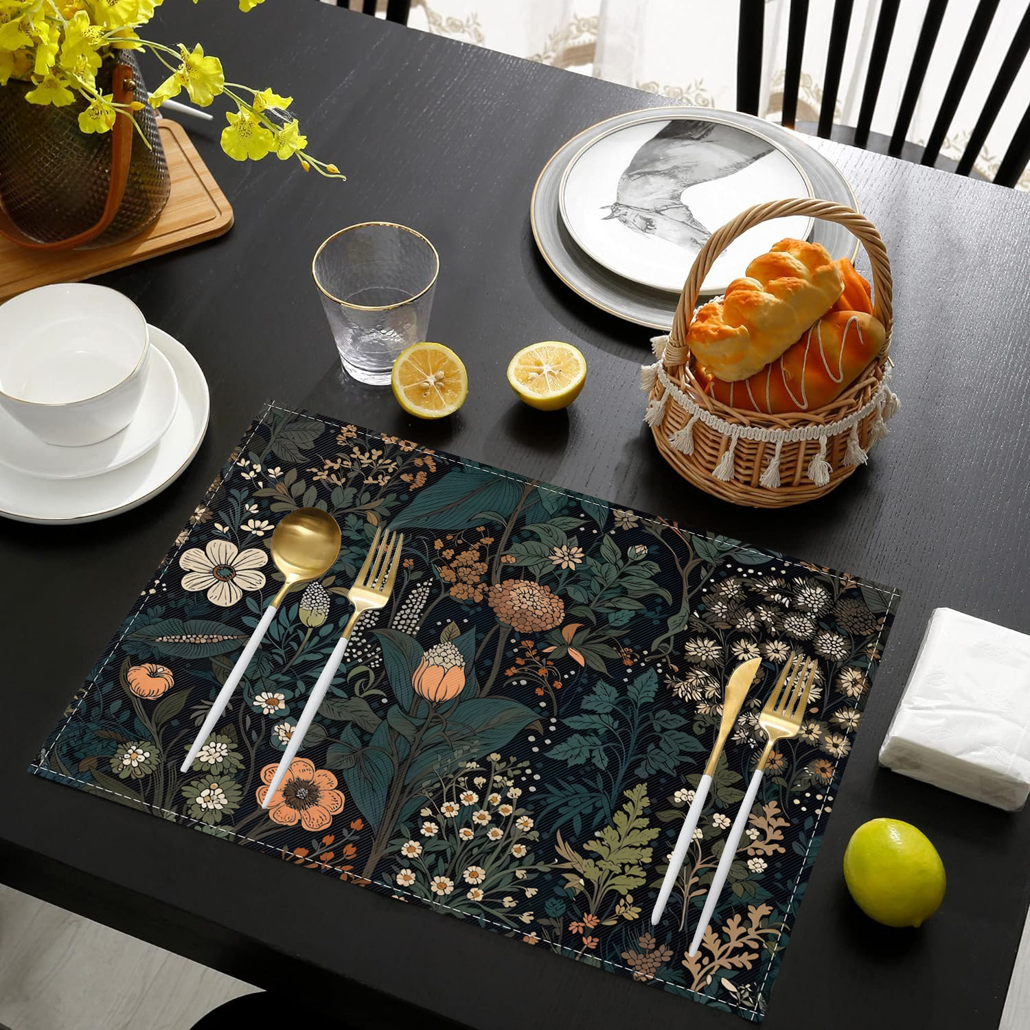 

1/4/6pcs, Placemats, Floral & Botanical Design Table Mats, Retro Style Heat Insulation Table Pad Perfect For Country Kitchen Dining