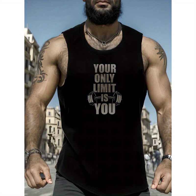 

Slogan Print Men's Quick Dry Moisture-wicking Breathable Tank Tops Athletic Gym Bodybuilding Sports Sleeveless Shirts For Workout Running Training Men's Clothes