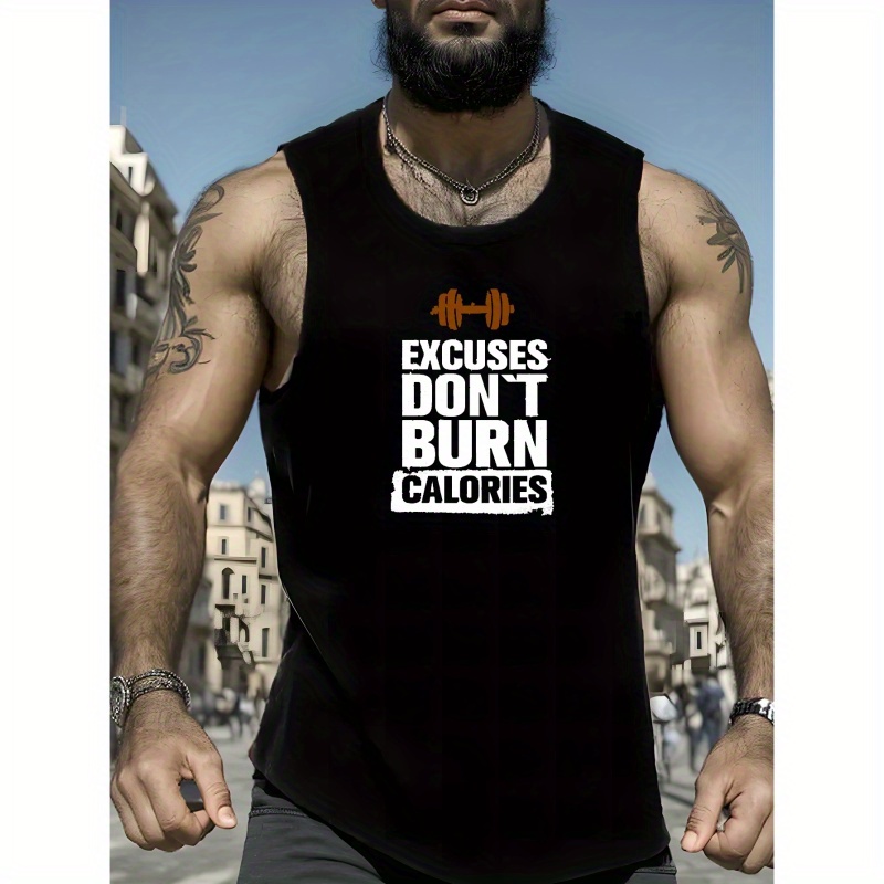 

Excuses Don't Burn Calories Print Summer Men's Quick Dry Moisture-wicking Breathable Tank Tops Athletic Gym Bodybuilding Sports Sleeveless Shirts For Workout Running Training Men's Clothing