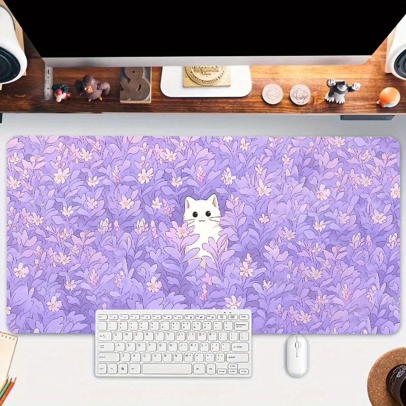 

Cute Cartoon Cat Purple Flowers Mouse Pad Large Gaming E-sports Office Desk Mat Keyboard Pad Natural Rubber Non-slip Computer Mouse Mat 35.4x15.7 Inch Gift For Girlfriend Boyfriend