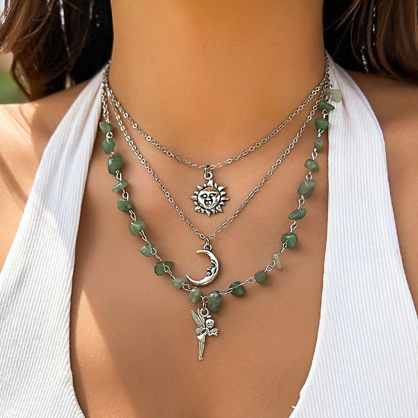 

3-piece Fairycore Fashion Necklace Set, Simple Crescent Moon, Sun Pendant & Beaded Chain, Vintage Bohemian Style, Layered Jewelry Accessory