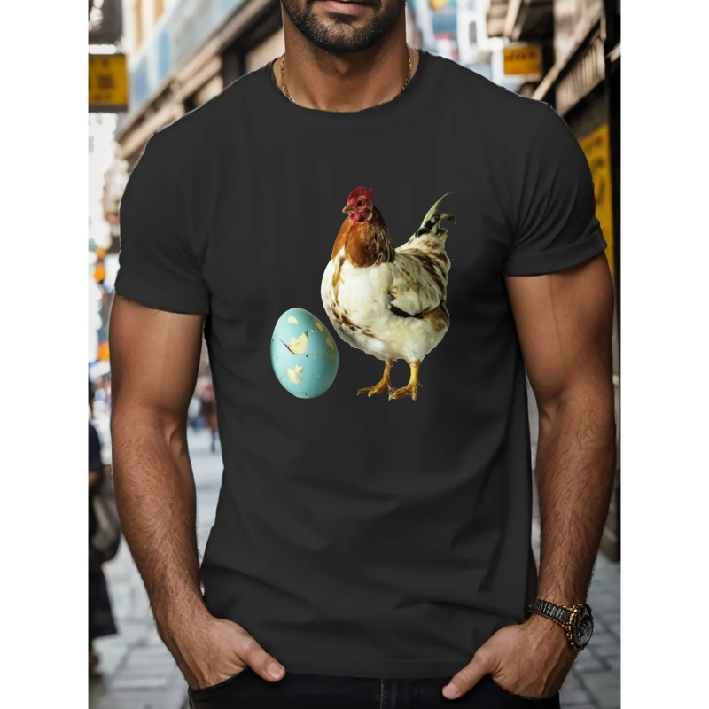 

Chicken And Painted Egg Print T Shirt, Tees For Men, Casual Short Sleeve T-shirt For Summer