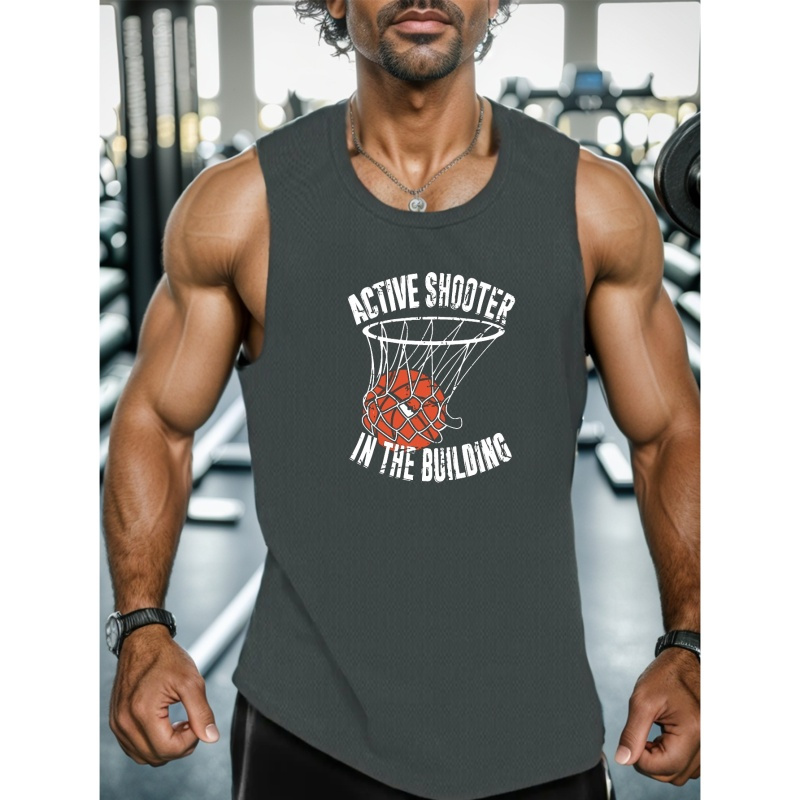 

Basketball And Letter Print Summer Men's Quick Dry Moisture-wicking Breathable Tank Tops Athletic Gym Bodybuilding Sports Sleeveless Shirts For Workout Running Training Men's Clothing