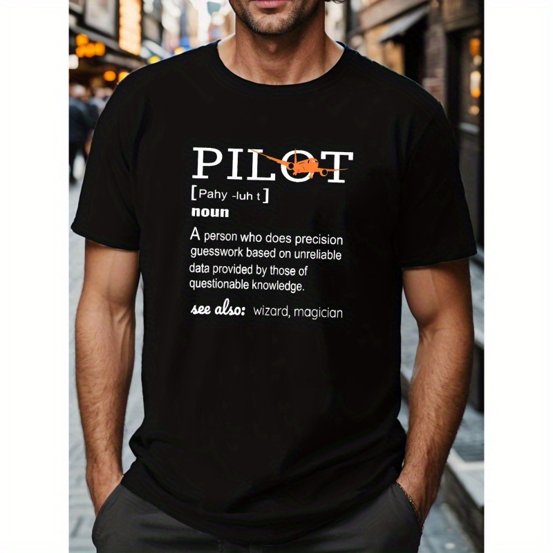 

Plus Size Men's Pilot Letter Print Creative Top, Casual Short Sleeve Crew Neck T-shirt, Men's Clothing For Summer Outdoor