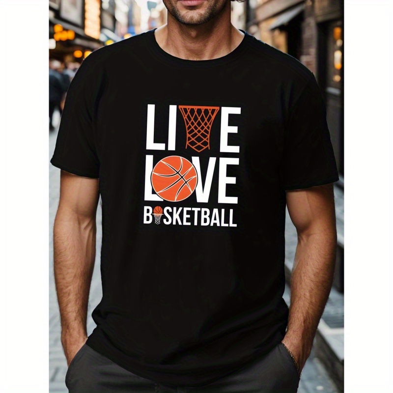 

Plus Size, 'live Love Basketball' Print Men's Creative T-shirt, Sports Loose Casual Tee Daily Summer Tops For Big & Tall