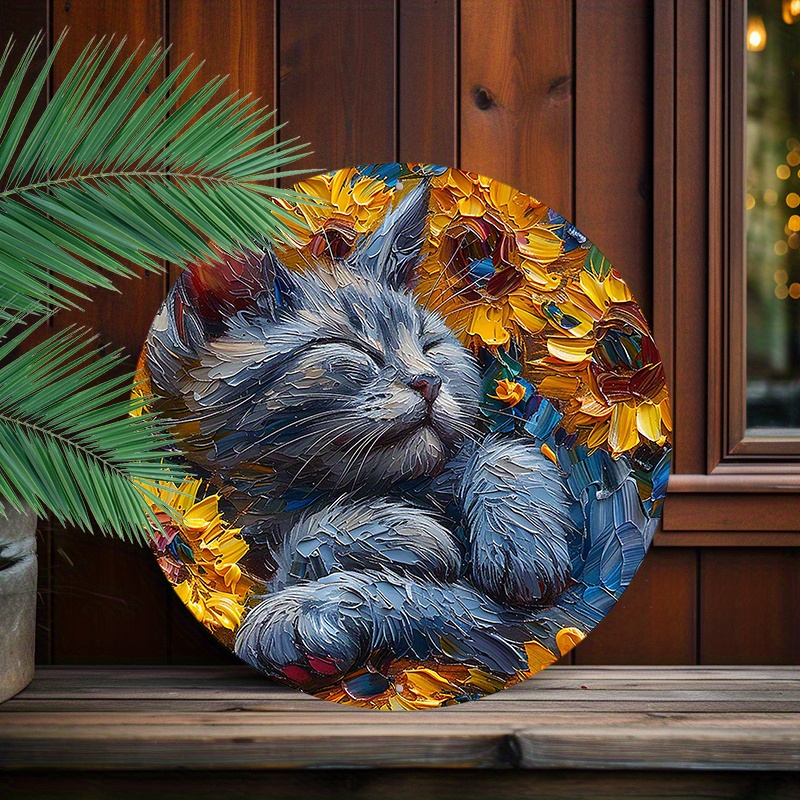 

1pc Round Aluminum Metal Sign, Creative Sunflower Cat Pattern Metal Wall Art Sign Decor, 8x8inch(20x20cm)