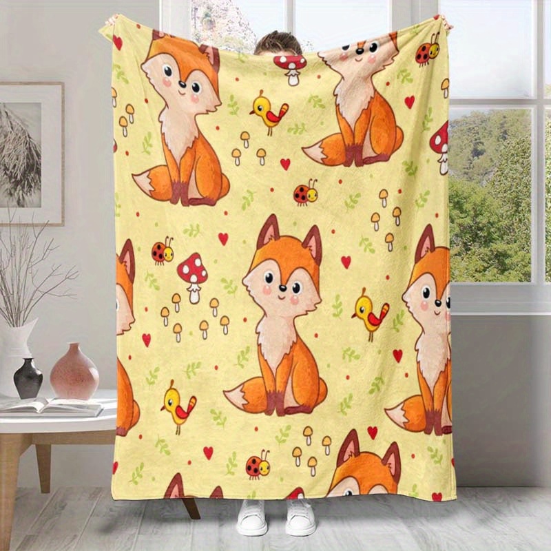 

Soft Flannel Blanket With Cute Cartoon Fox Art Pattern For All Seasons, Perfect For A Cozy Nap Or As A Chair Cover In The Office.