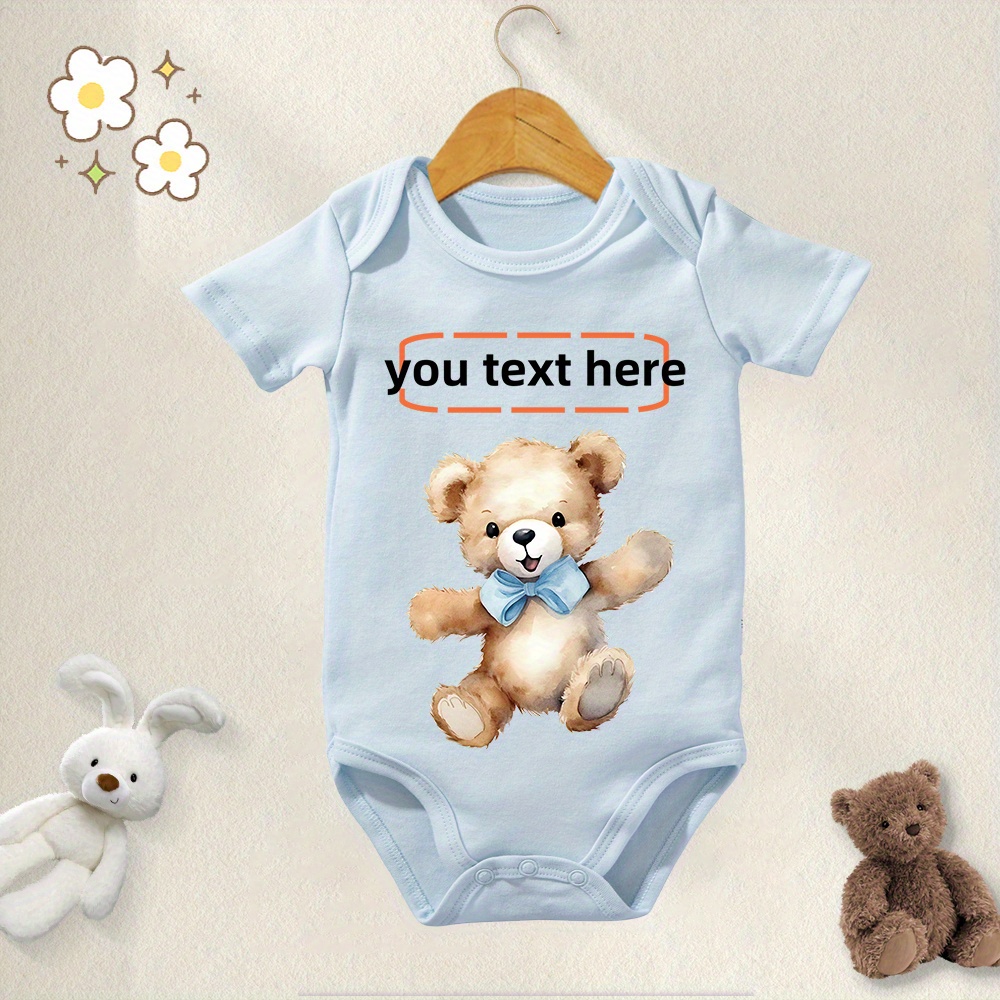 

Diy Baby's Personalized Cotton Bodysuit Customized Letter & Lively Bear Print Baby Boy's Onesie, Cozy Short Sleeve Jumpsuit Romper Top Birthday Gifts