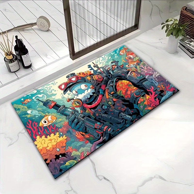 DyeFury Blue Ocean Wave Bath Mat, Cute Funky Bathroom Rugs for Coastal Beach Nautical Themed Decor, Non-Slip Washable Accent Rug for Bedroom Kitchen