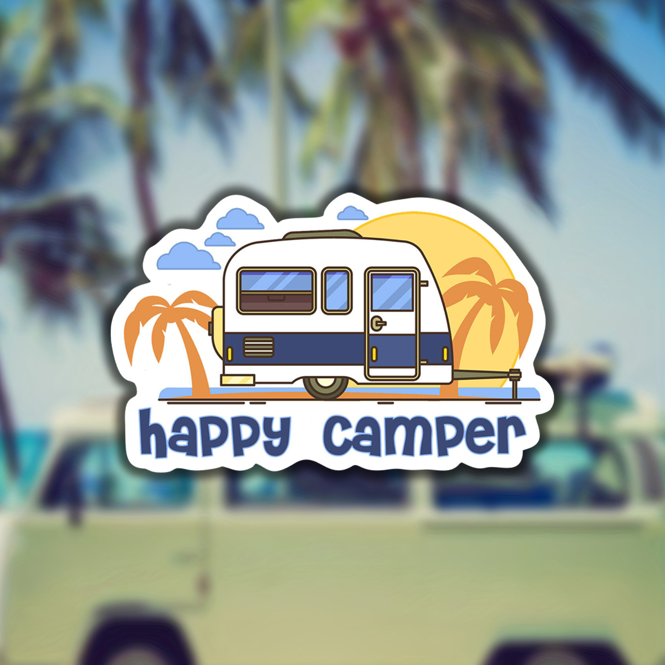 

Happy Camping Sticker Palm Tree Ocean Beach Rv Car Window Bumper Decal