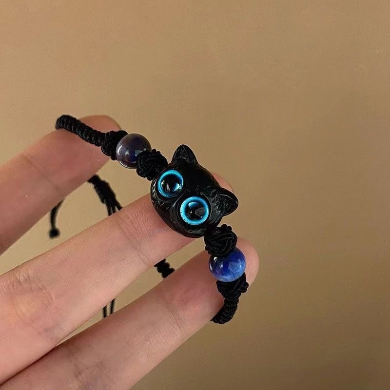 Adorable And Little Black Cat Bracelet With An Adjustable Design, Perfect For Gifting , Couples, Or . Features A Woven Style And A Bow Detail