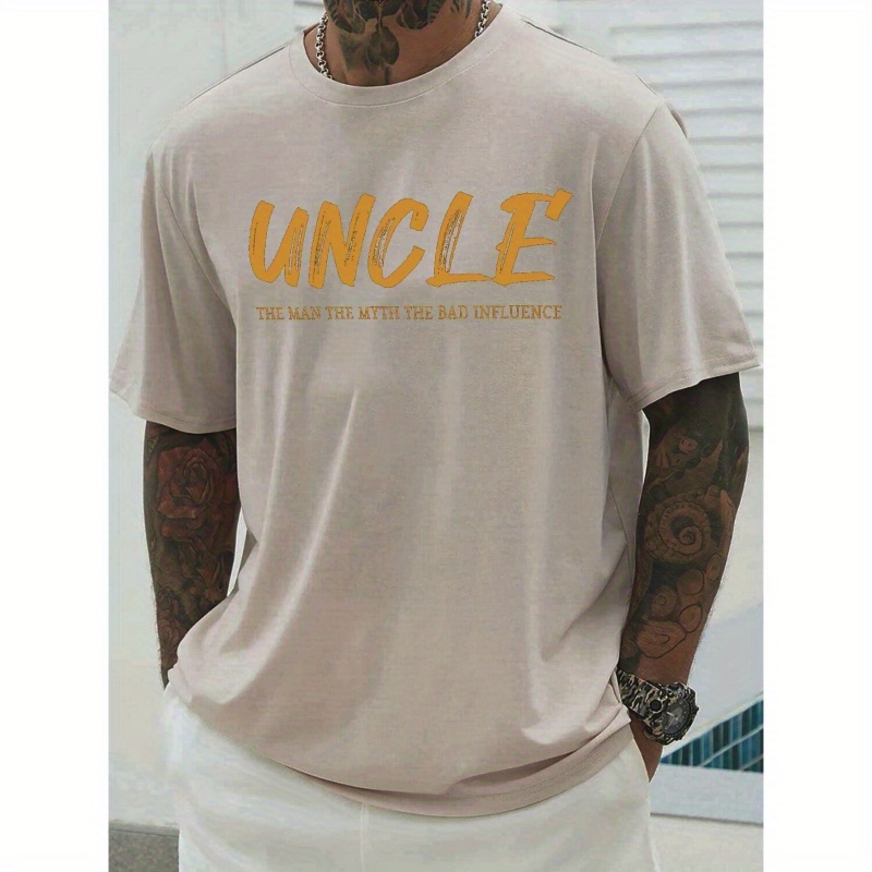 

Plus Size Men's Uncle Print T-shirt, Casual Short Sleeve Crew Neck Tee For Outdoor, Men's Clothing