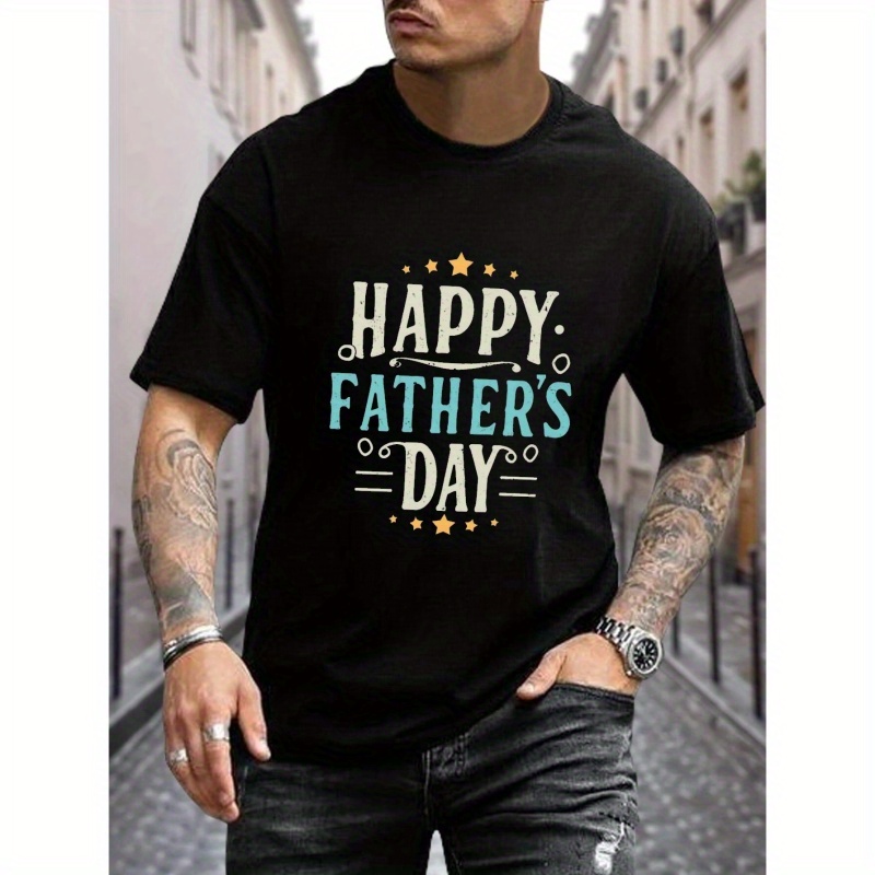 

Happy Father's Day Print, Men's Trendy Comfy T-shirt, Casual Stretchy Breathable Short Sleeve Tee For Summer