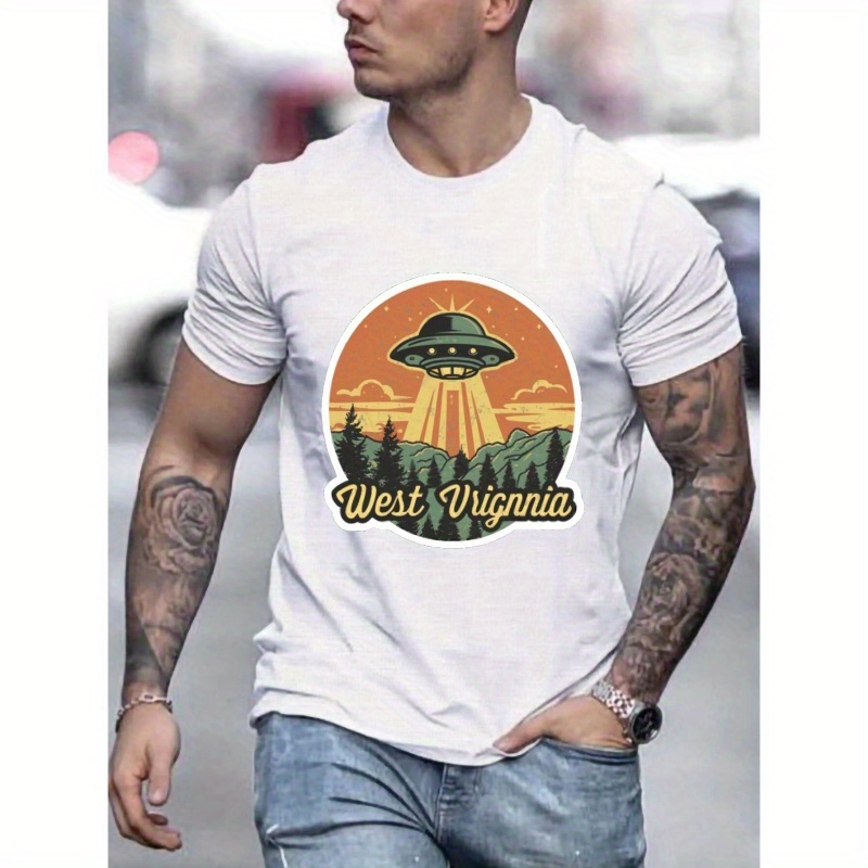 

West Virginia Ufo Pattern Print Fashion Men's T-shirt, Casual Short Sleeve Crew Neck Tops Street Style For Summer