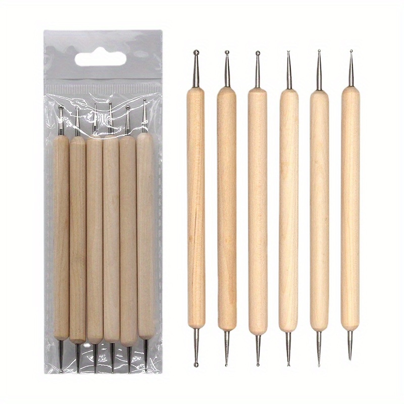 Image of 6pcs/set Indentation Pen Art Embossing Pens Wooden Ball Stylus Dotting Tool Clay Sculpting Tool