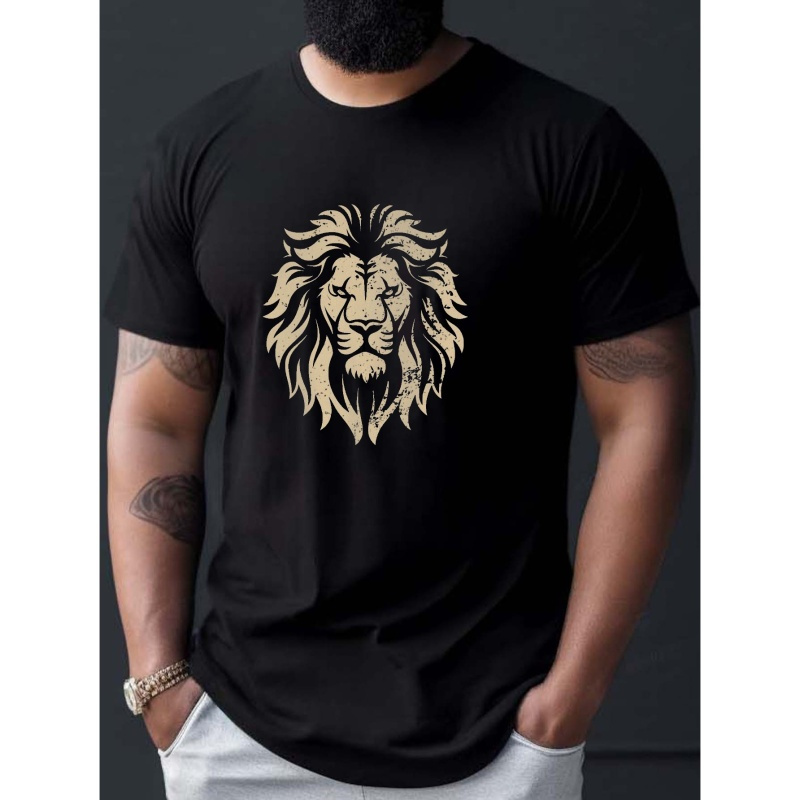

Men'-inspired Geometric Lion Print T-shirt - Casual, Breathable Polyester, Round Neck - Summer