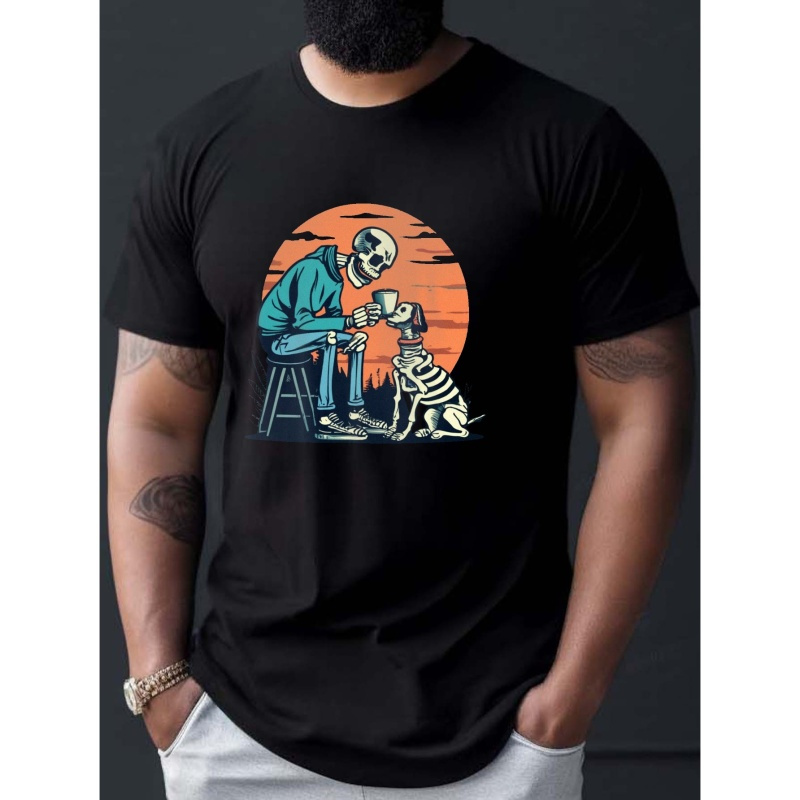 

Human Skeleton And Dog Skeleton Print T Shirt, Tees For Men, Casual Short Sleeve T-shirt For Summer