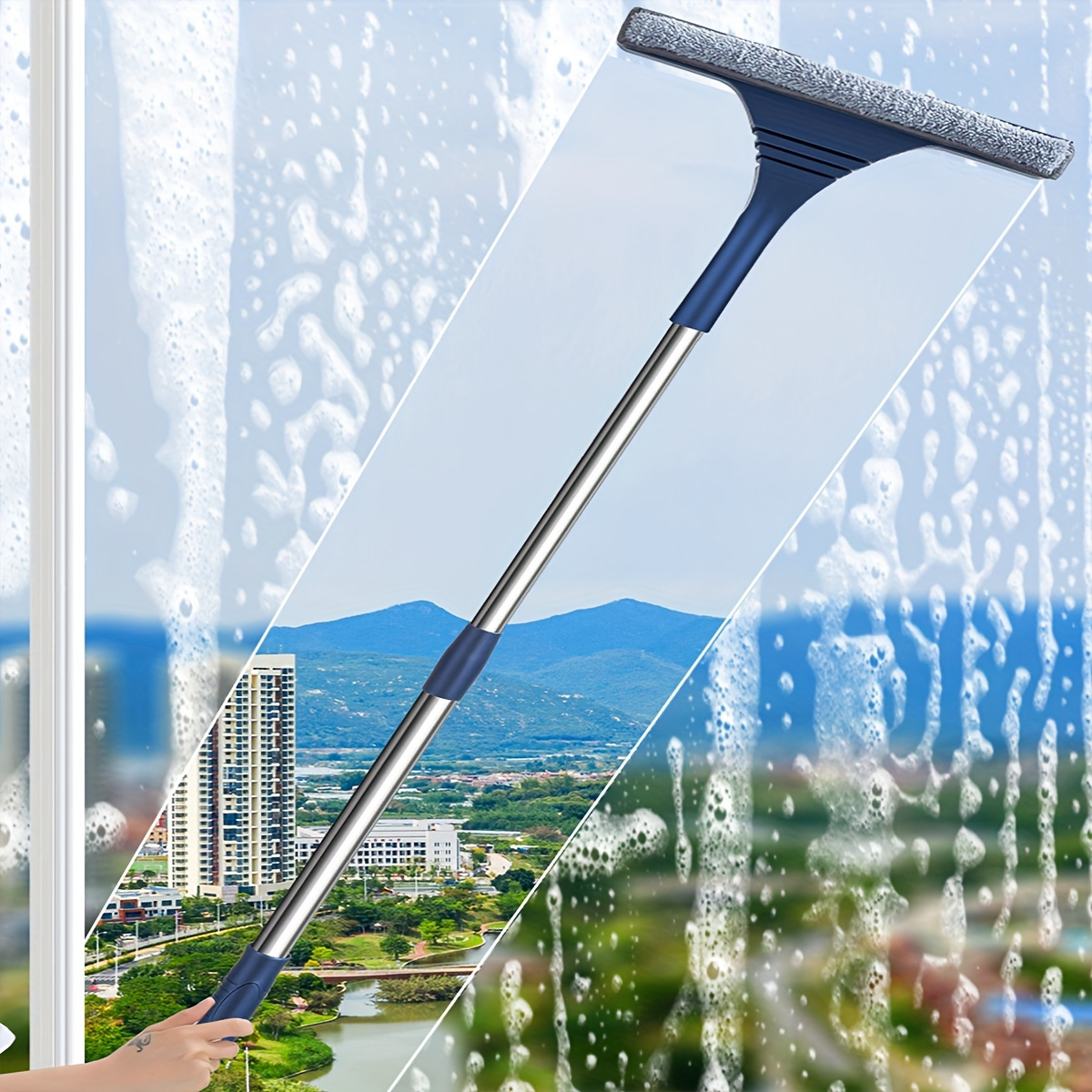 

1pc Blue Shower Wiper, Glass Cleaner Wipe Water Stains, Retractable Rod Strong Water Absorption Multi-functional Glass Cleaner, Household Window Wiper, High-rise Window Cleaning Tool