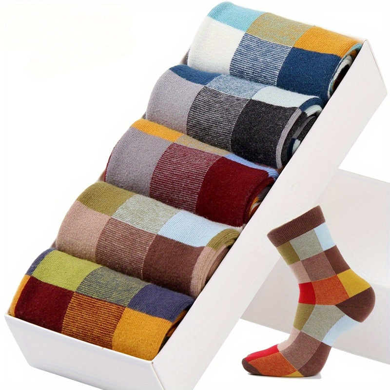 

5 Pairs Of Men's Cotton Color Plaid Pattern Anti Odor & Sweat Absorption Crew Socks, Comfy & Breathable Socks, For Daily And Outdoor Wearing