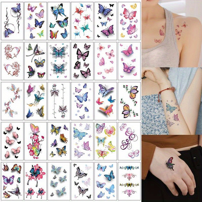30pcs Set Butterfly * Temporary Tattoo Stickers, Body Arm Art Waterproof Lasting Look Real Colorful Temporary Tattoo For Women Girl