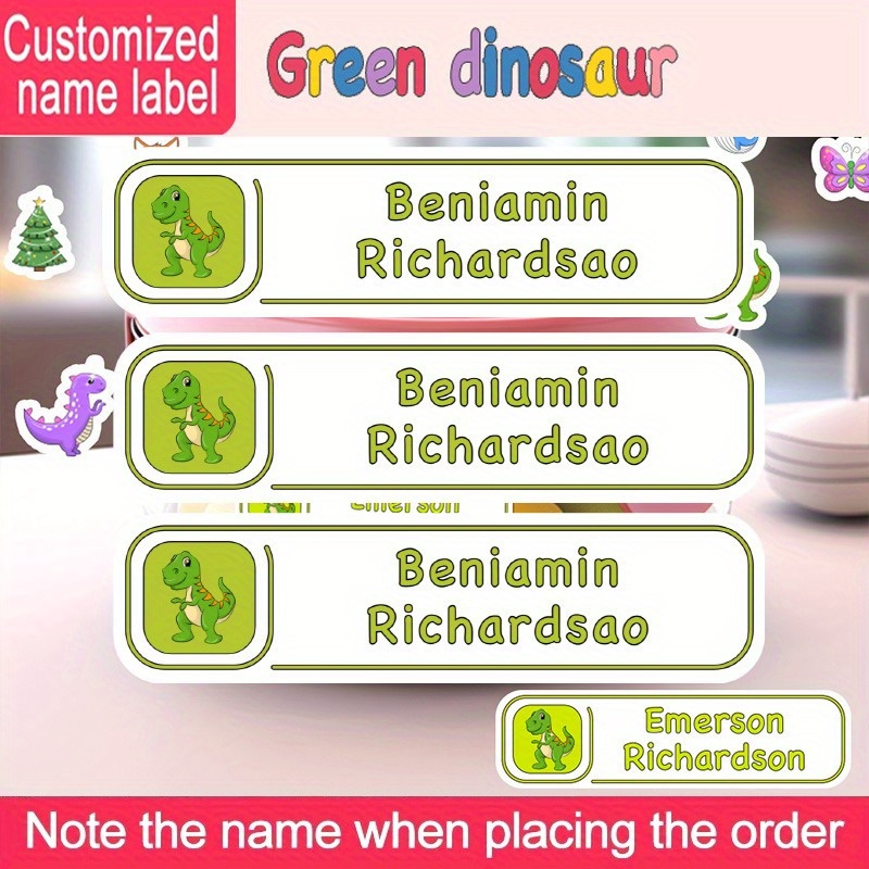 

24/40/52/100/144pcs Customized Durable Name Stickers, Large Size Personalized Name Labels, Green Dinosaur Pattern Waterproof Stickers For Stationery And Scrapbooks