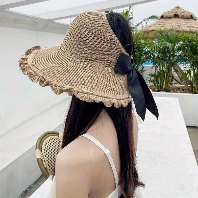1pc Ladies Elegant Sun Hat Wide Brim Uv Protection Summer Breathable Hollow  Knit Open Top Hat For Spring Fashionable With Ribbon Bow Detail - Sports &  Outdoors - Temu