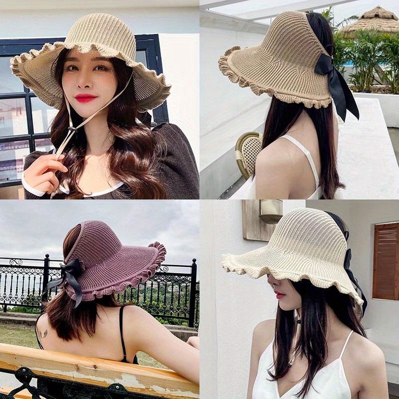 1pc Handmade Knotted Straw Sun Hat, Bucket Hats Hollow Wide Brim Summer Beach Sun Protection Breathable Sun Hats for Women,SUN/UV Protection,Temu