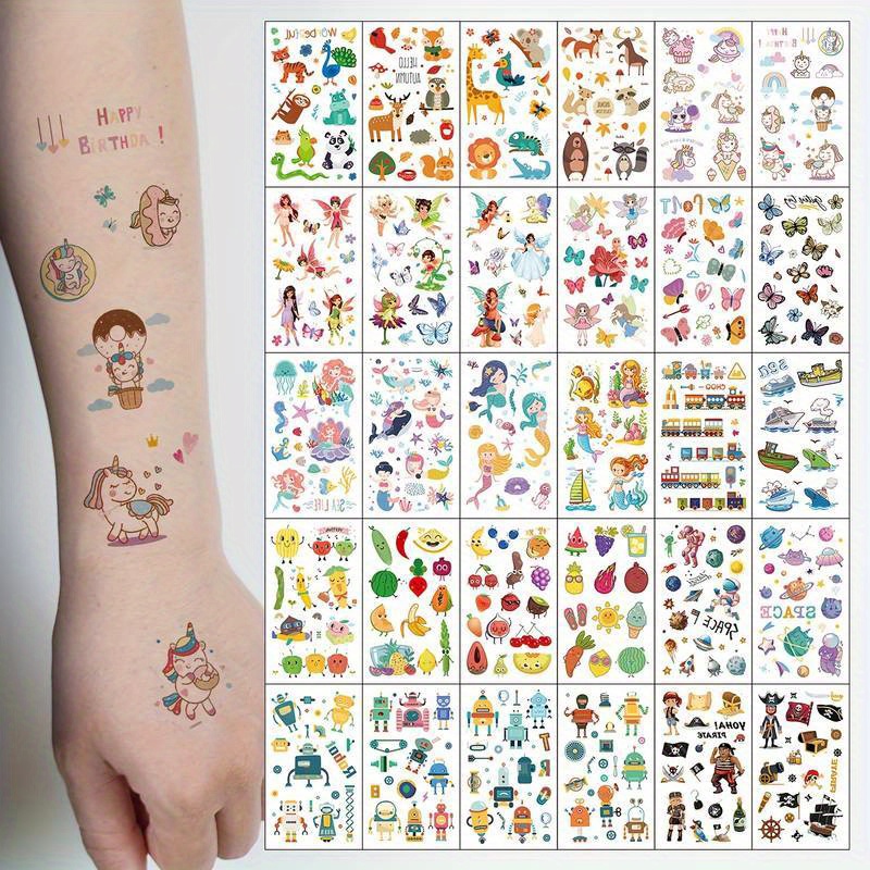 

30pcs Cute Cartoon Tattoo Stickers, Unicorn, Animal, Mermaid, Car Wheel Boat, Space Robot, Fruit, Pirate, Butterfly Elf, Waterproof Temporary Tattoo Stickers, Birthday Party Favor