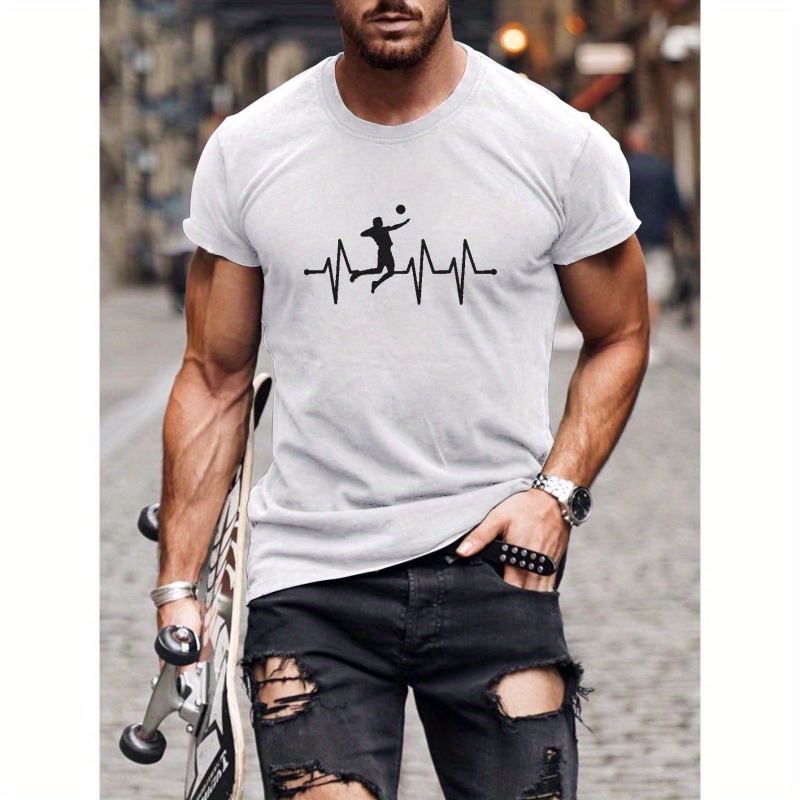 

Volleyball Graphic Print Men's Short Sleeve Crew Neck T-shirts, Comfy Breathable Casual Slightly Stretch Casual Tops, Men's Clothing