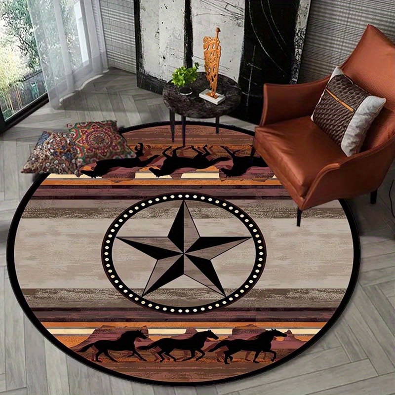 

1pc Rustic Round Area Rug, Non-slip Vintage Star & Running Horses Design, Western Style Floor Mat For Bedroom, Living Room, Bathroom, And Office Home Decor