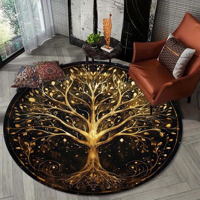 

1pc Golden Life Tree Round Carpet, Non-slip & Non-shedding Floor Mat, Decorative Area Rug For Bedroom, Living Room, Bathroom, Office, Home Decoration, Foot Mat